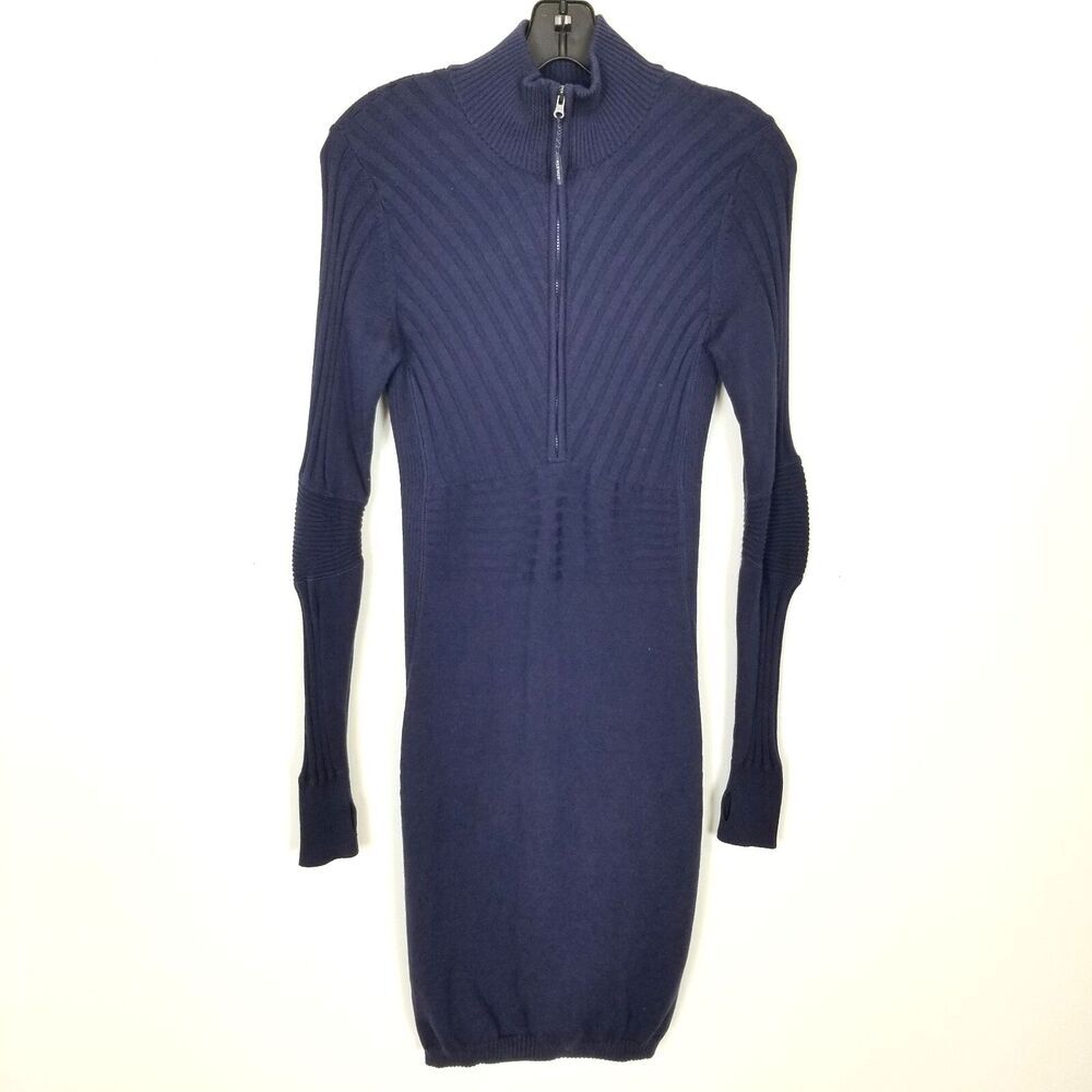 Athleta Women Long Sleeve  Zip Ribbed Knit Sweater Dress‎ S Blue Organic Cotton